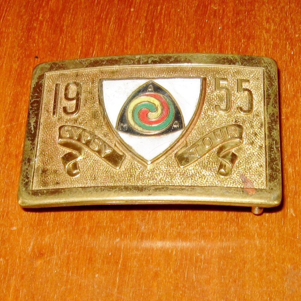 1955 AMA Gypsy Tour Motorcycle Small  Belt Buckle Brass Enamel Logo American Mot